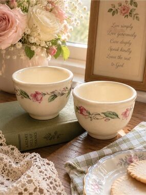 Vintage Cream Floral Stoneware custard Bowls - Set of 2
